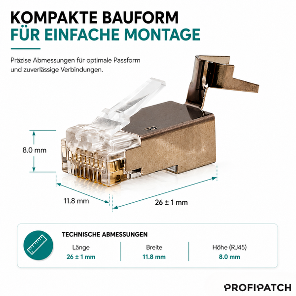 Kompakter geschirmter RJ45 Netzwerkstecker Profipatch. Maße: Länge 26 Millimeter, Breite 11,8 Millimeter, Höhe 8,0 Millimeter. Profipatch Logo.