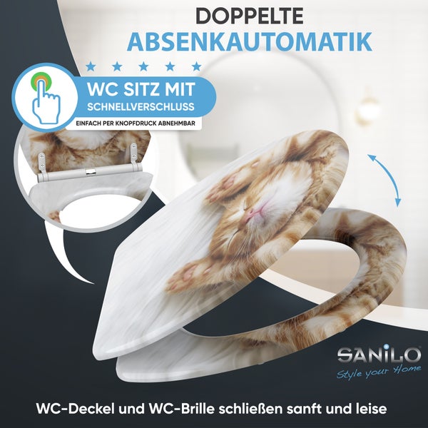 Sanilo Logo, WC-Sitz mit Katzenmotiv, doppelter Absenkautomatik und Schnellverschluss per Knopfdruck.