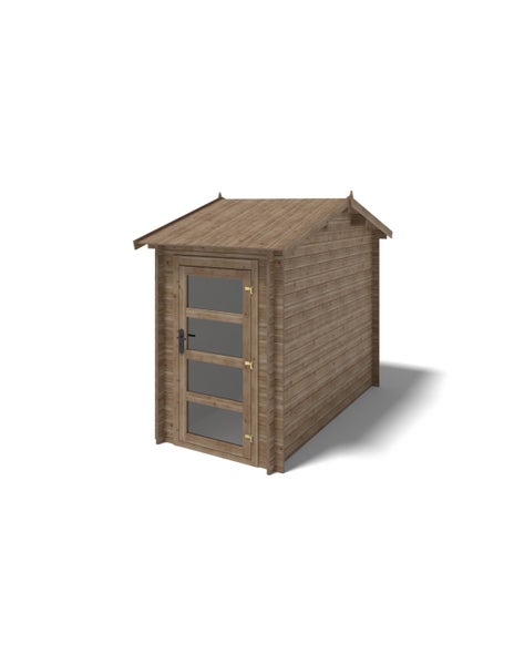 Gartenhaus aus Holz mit Satteldach und einer Einzeltür mit vier Glasausschnitten.