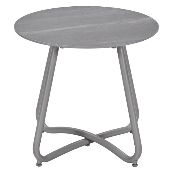 Runder Beistelltisch in Grau mit Tischplatte in Steinoptik und geschwungenem Metallgestell.