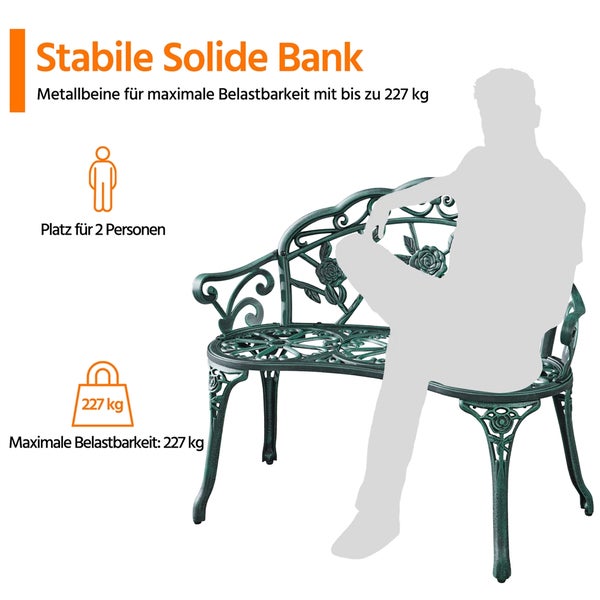 Gartenbank aus Metall mit Rosenornamenten, Platz für zwei Personen, maximale Belastbarkeit zweihundert siebenundzwanzig Kilogramm.