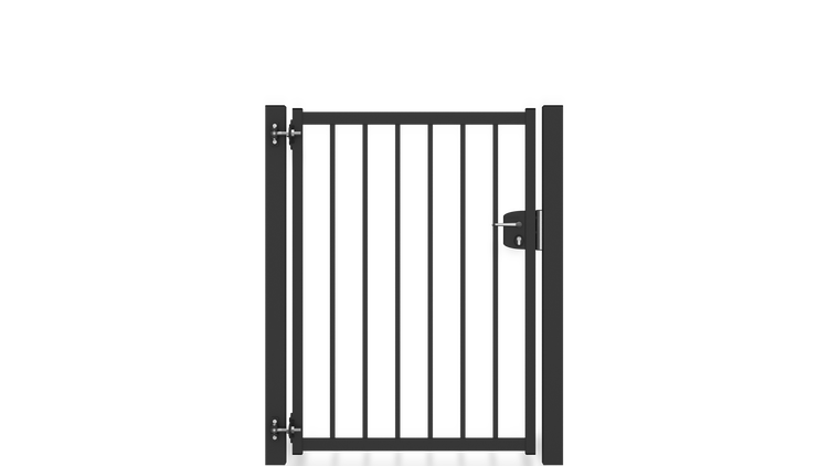 Gartentor ZAUNGURU BASIC-Linie Bremen aus Metall, Höhe: 143cm, Breite: 123cm, 1-flügelig inkl. Pfosten, Schloss und Zubehör, Feuerverzinkt und zusätzlich in RAL 7016 Anthrazitgrau pulverbeschichtet