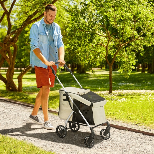 PawHut Hundewagen leicht Hundebuggy aus Aluminium klappbar für Hunde & Katzen Katzenbuggy mit Kissen Netzfenstern Türen Aufbewahrungskorb Katzenwagen Buggy Khaki