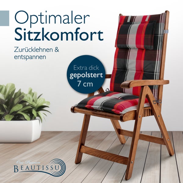 Gartenstuhl aus Holz mit einer 7 Zentimeter dick gepolsterten Hochlehner-Auflage im Karomuster und Kopfkissen. Beautissu Logo.