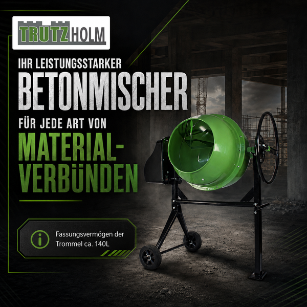 Trutzholm Betonmischer mit einem Fassungsvermögen von 140 Litern vor einer Baustelle