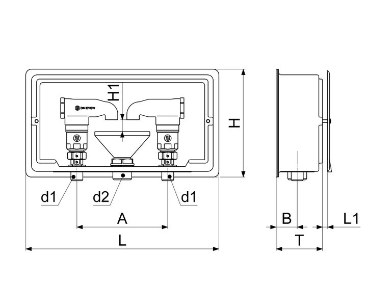 Technische Zeichnung einer Unterputz-Anschlussdose für Waschmaschinen mit zwei Anschlüssen und Abfluss inklusive Maßangaben.