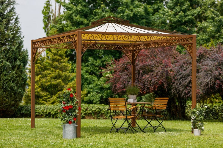 Pavillon ELEO Genua 3 x 3 m unbeschichtet - Edelrost | mit Sonnensegel ecru