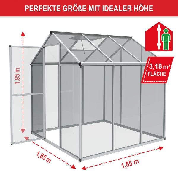 Gewächshaus aus Aluminium und transparenten Platten, Maße 1,85 mal 1,85 Meter, Höhe 1,95 Meter, Grundfläche 3,18 Quadratmeter.