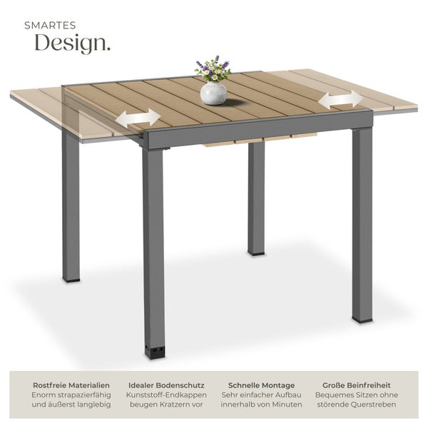 Ausziehbarer Gartentisch mit Aluminiumgestell und wetterfester Tischplatte in Holzoptik inklusive Produktvorteilen.