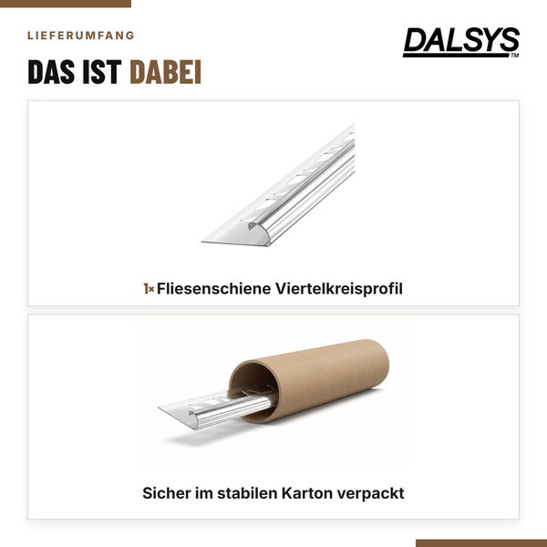 Dalsys Logo und Lieferumfang bestehend aus einer Fliesenschiene Viertelkreisprofil, sicher verpackt in einem stabilen Karton.