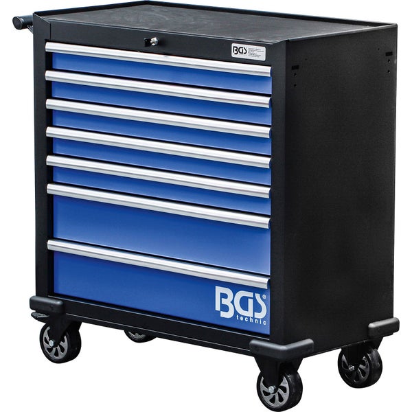 BGS technic Werkstattwagen in Schwarz mit sieben blauen Schubladen, Rollen und Schloss.