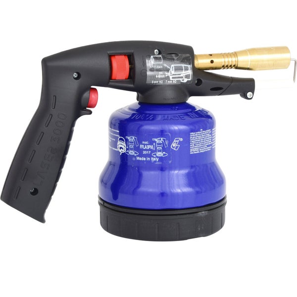 Lötlampe mit blauer Gaskartusche und schwarzem Griff