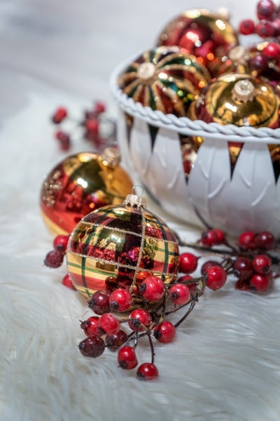 Xmas Night Caro, 3-er Set, gold glanz/rot/grün kariert, 8cm, 3 Stck., Weihnachtsbaumkugeln, Christbaumschmuck, Weihnachtsbaumanhänger