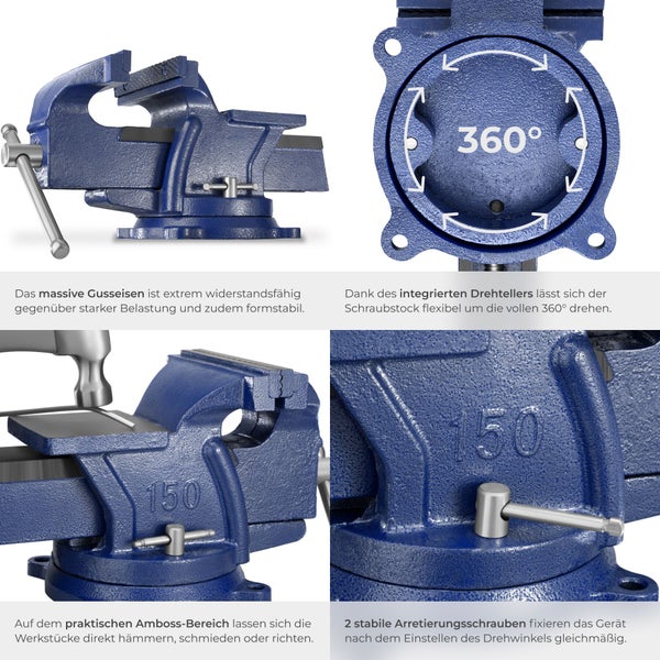 Werkbankschraubstock aus Gusseisen mit 360 Grad drehbarem Drehteller, Amboss und zwei Arretierungsschrauben für Werkbankmontage.