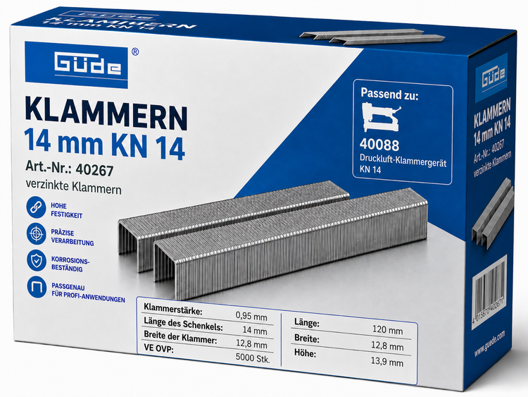 Güde Klammern 14 Millimeter KN 14, 5000 Stück verzinkte Heftklammern für Druckluft Klammergerät 40088.