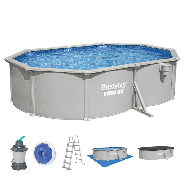 Bestway Hydrium Oval-Stahlwandpool-Set mit Sandfilteranlage, Sicherheitsleiter, Bodenplane, Abdeckplane und ChemConnect Dosierer.