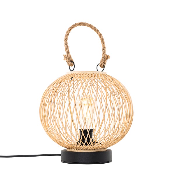 Kugelförmige Tischleuchte aus Bambus mit einem Seilgriff und einem schwarzen Sockel.