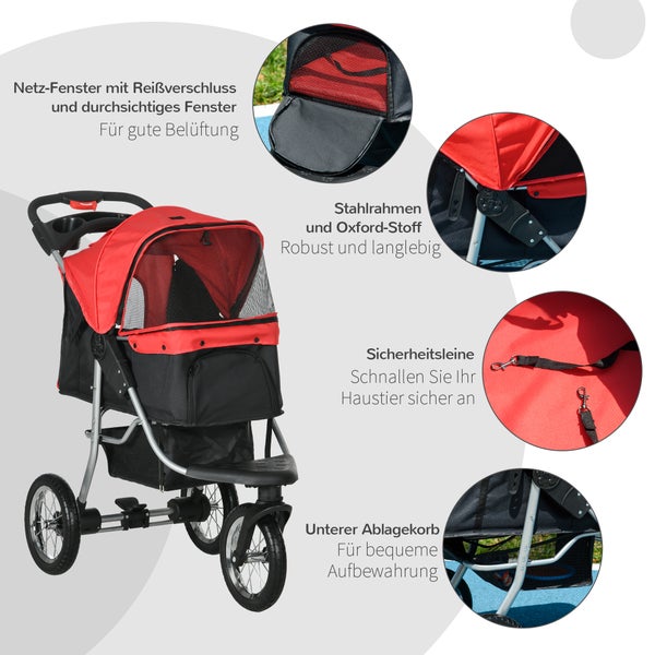 PawHut Hundewagen Hundebuggy Katzenbuggy Pet Stroller mit 3 Rädern klappbar Hunde Katze Oxford Rot+Schwarz 109,5 x 54,5 x 106,5 cm