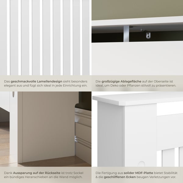 Detailansicht eines weißen Möbels mit Lamellendesign, Ablagefläche, MDF-Platte und Aussparung