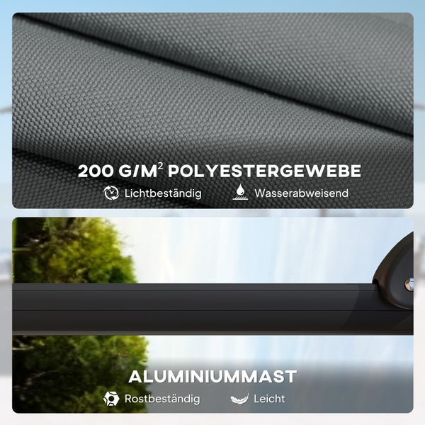 Verstellbarer Ampelschirm auf einer Holzterrasse mit Polyrattan-Lounge-Set, zeigt fünf verschiedene Neigungswinkel für ganztägigen Sonnenschutz.
