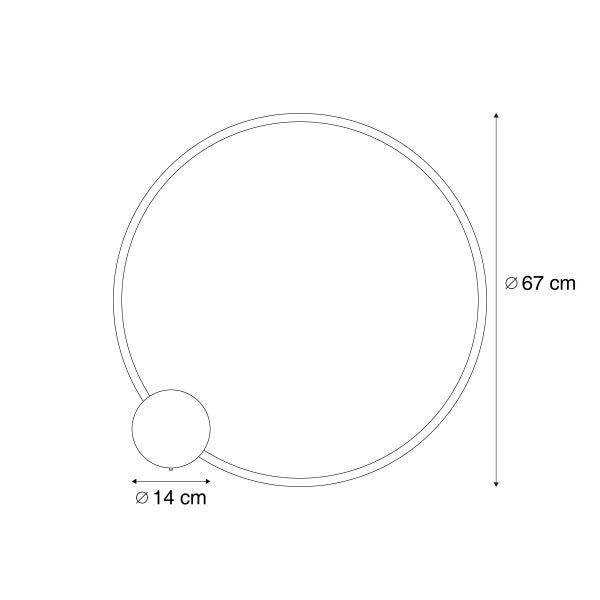 Maßzeichnung einer kreisförmigen Leuchte mit einem Durchmesser von 67 Zentimetern und einem kleineren Element mit einem Durchmesser von 14 Zentimetern.