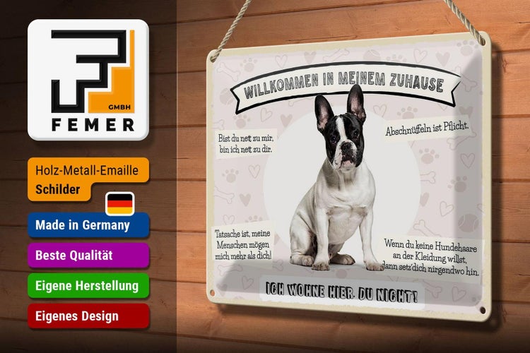Blechschild Spruch 30x20cm Frech Bulldog willkommen Zuhause