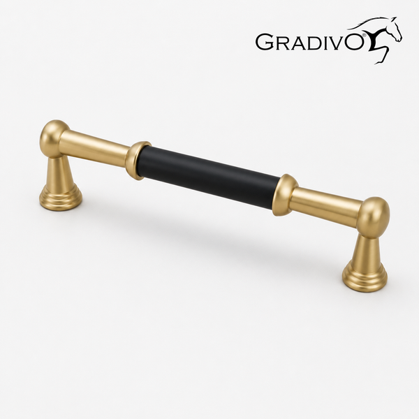 Möbelgriff aus Metall in Gold-Optik mit schwarzem Mittelteil im klassischen Design. Gradivo Logo.