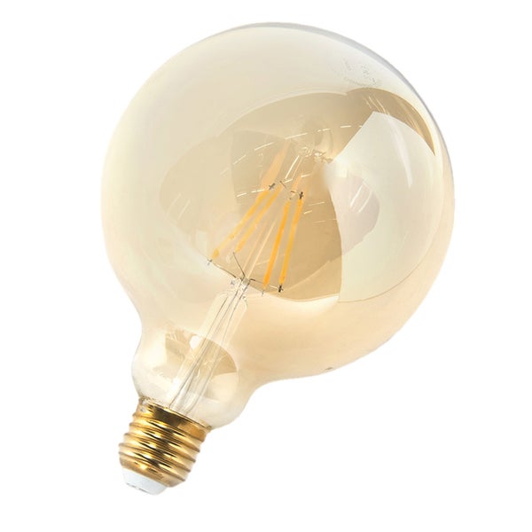 LED-Filament-Leuchtmittel in Globusform mit E27-Sockel und bernsteinfarbenem Glas.