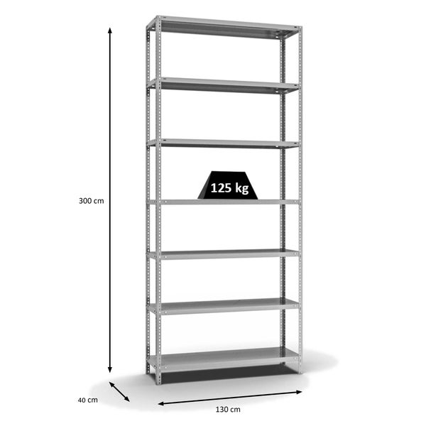 PROREGAL Fachbodenregal Schraubsystem Light-Duty Grundregal HxBxT 300 x 130 x 40 cm 7 Ebenen Fachlast 125 kg Beidseitig Nutzbar Verzinkt