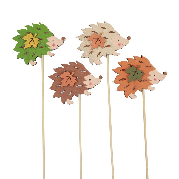 Dekorative Igel-Gartenstecker aus Holz mit Herbstlaub-Motiv, Set mit vier Stück
