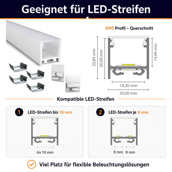 Technische Zeichnung und Produktabbildung von AH5 LED Aluminiumprofil mit Montagezubehör, geeignet für LED Streifen bis 16 Millimeter Breite.