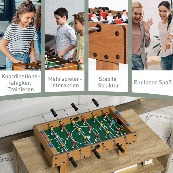 Kompakter Tischkicker aus Holz mit grünem Spielfeld, Bilder zeigen die Anwendung durch Kinder und Erwachsene zur Förderung der Koordination.