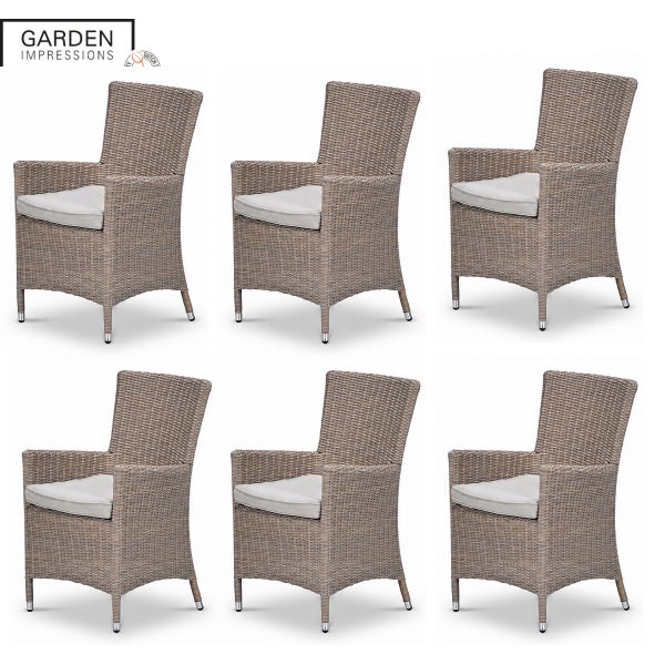 Set aus 6 Gartenstühlen aus Polyrattan mit Armlehnen und Sitzkissen. Garden Impressions Logo.