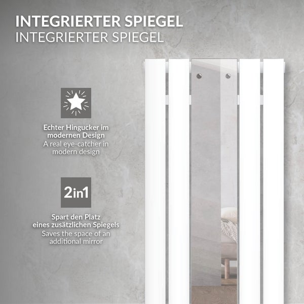LuxeBath Badheizkörper Flach 1600 x 450 mm Weiß mit Spiegel, Design Paneelheizkörper Mittelanschluss Heizung, Flachheizkörper Vertikal Einlagig, Spiegelheizkörper Glasheizkörper, inkl. Montage-Set
