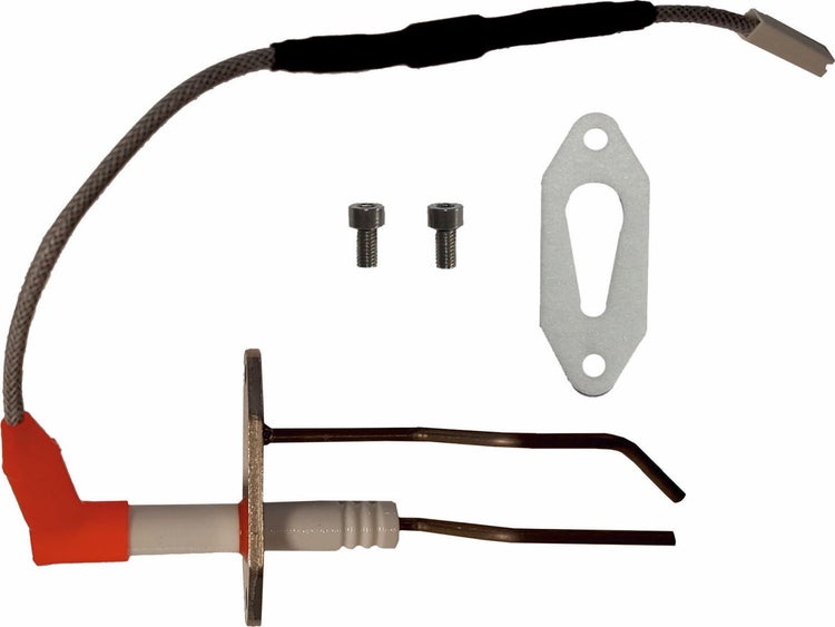 Zündelektrode für Heizsysteme mit Kabelanschluss, zwei Befestigungsschrauben und einer Dichtung.