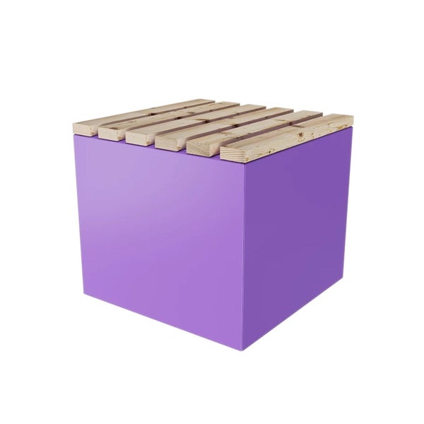 Lilafarbene Aufbewahrungsbox mit einem Deckel aus Holzlatten.