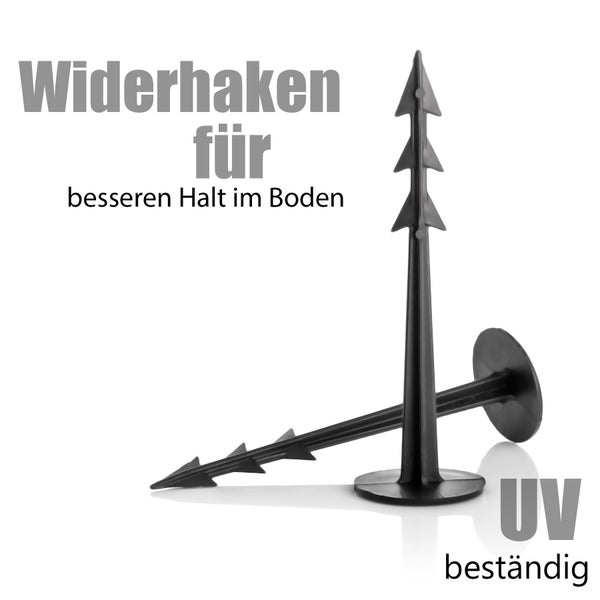 Zwei Erdanker aus Kunststoff mit Widerhaken für besseren Halt im Boden, UV beständig.