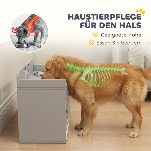 Erhöhter Futternapf aus Holz für Hunde zur Schonung des Nackens, ergonomische Fressposition mit geradem Rücken.