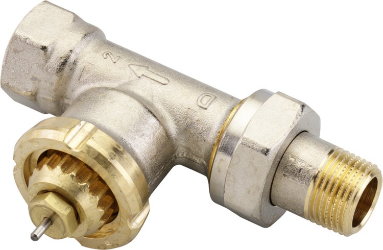 Thermostat-Ventilunterteil für Heizkörper aus Messing mit Gewindeanschlüssen und Ventilnadel.