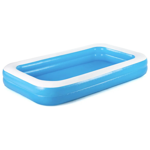 Aufblasbarer rechteckiger Pool in Blau und Weiß mit zwei Luftringen für Kinder und Familien.