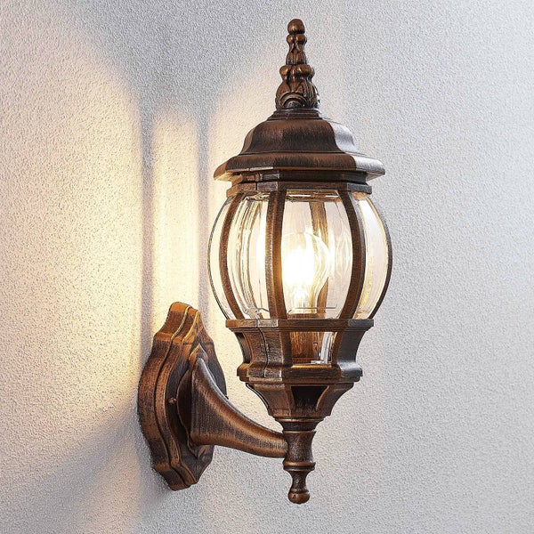 Lindby Wandlampe außen Laterne gold gebürstet, Aussenwandleuchte seewasserfest spritzwassergeschützt IP44 1xE27 max. 60W ohne Leuchtmittel Außenleuchte