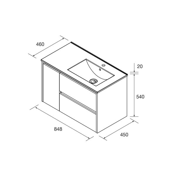 Technische Zeichnung eines Waschbeckenunterschranks mit Waschbecken, Breite 848, Tiefe 460, Höhe 560 Millimeter, eine Tür und zwei Schubladen.