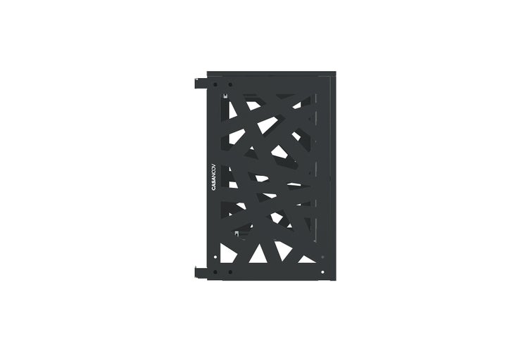 Modernes Gartentor aus Metall mit asymmetrischem Muster und Casanoov Logo.