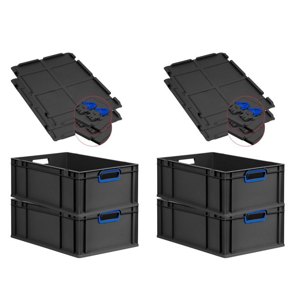 PROREGAL SuperSparSet 4x Eurobox NextGen Color mit Scharnierdeckel und Schiebeschnappverschlüssen, HxBxT 22x40x60cm, 44 Liter, Schwarz, Griffe blau offen, Verstärkter Boden, Eurobehälter, Transportbox, Transportbehälter, Stapelbehälter