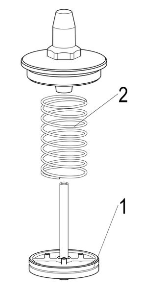 Explosionszeichnung einer Ventilbaugruppe mit Kolben, Feder und Verschlusskappe.