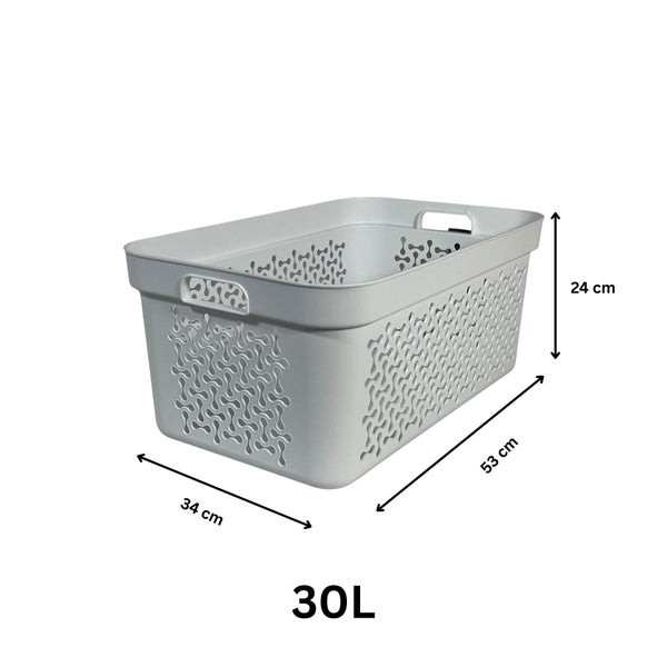 Wäschekorb mit 30 Litern Fassungsvermögen und den Maßen 53 mal 34 mal 24 Zentimeter