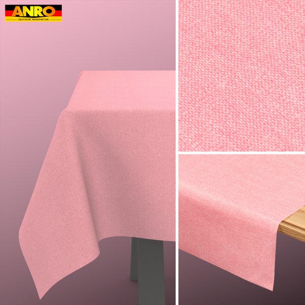 ANRO Logo. Rosafarbene, gewebte Tischdecke in Melange-Optik auf einem Tisch mit Detailaufnahmen der Stoffstruktur.