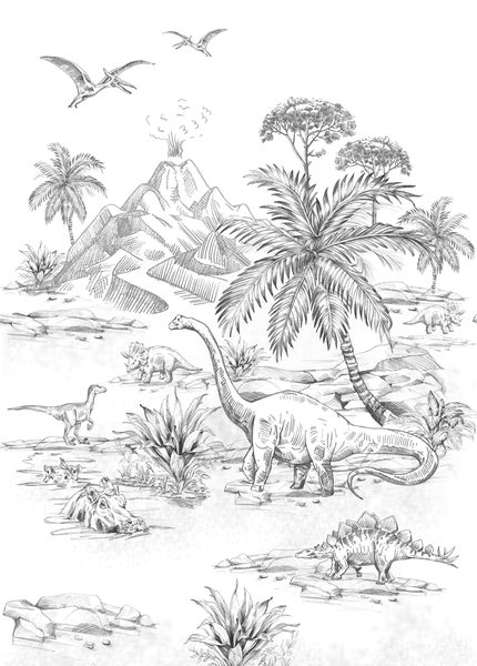 Illustration einer Dinosaurierszene mit Vulkan und Palmen