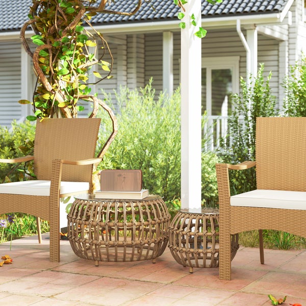 Outsunny 2er Set Beistelltisch Polyrattan Ø66/42 cm rund wetterfest Gartentisch mit Glasplatte Outdoor Balkontisch Couchtisch Gartenmöbel für Garten, Balkon Braun
