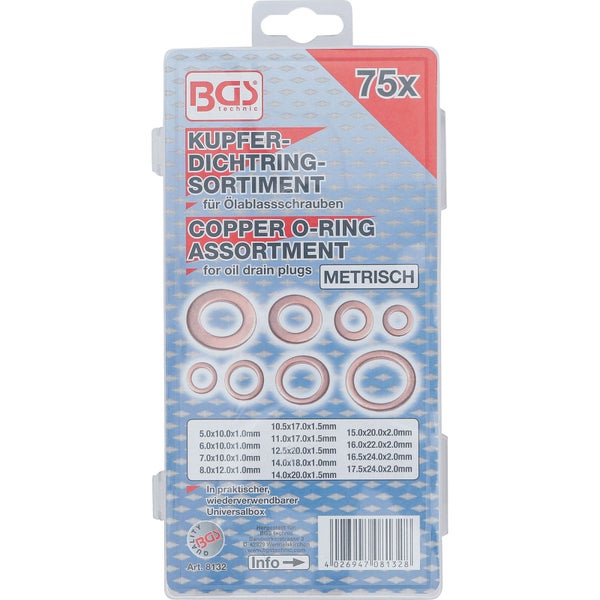 BGS technic Kupfer Dichtring Sortiment für Ölablassschrauben, 75-teilig, metrisch